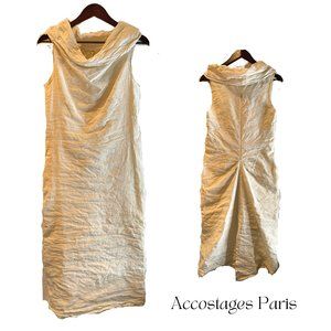 ACCOSTAGES PARIS CRINKLED COTTON BODYCON DRESS WITH COWL NECK SLEEVELESS WHITE M